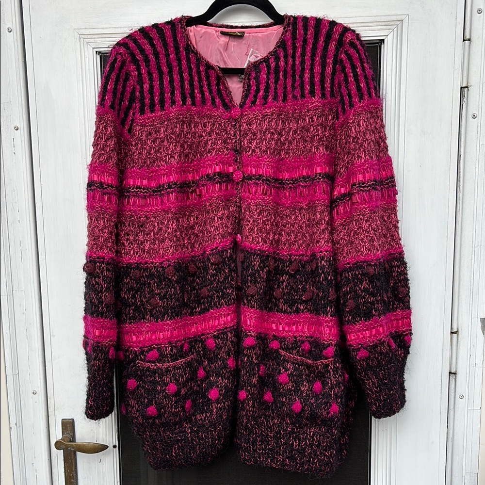 YVONNE BERGIN LADIES Pink WOOL SILK Black Striped CARDIGAN-XL